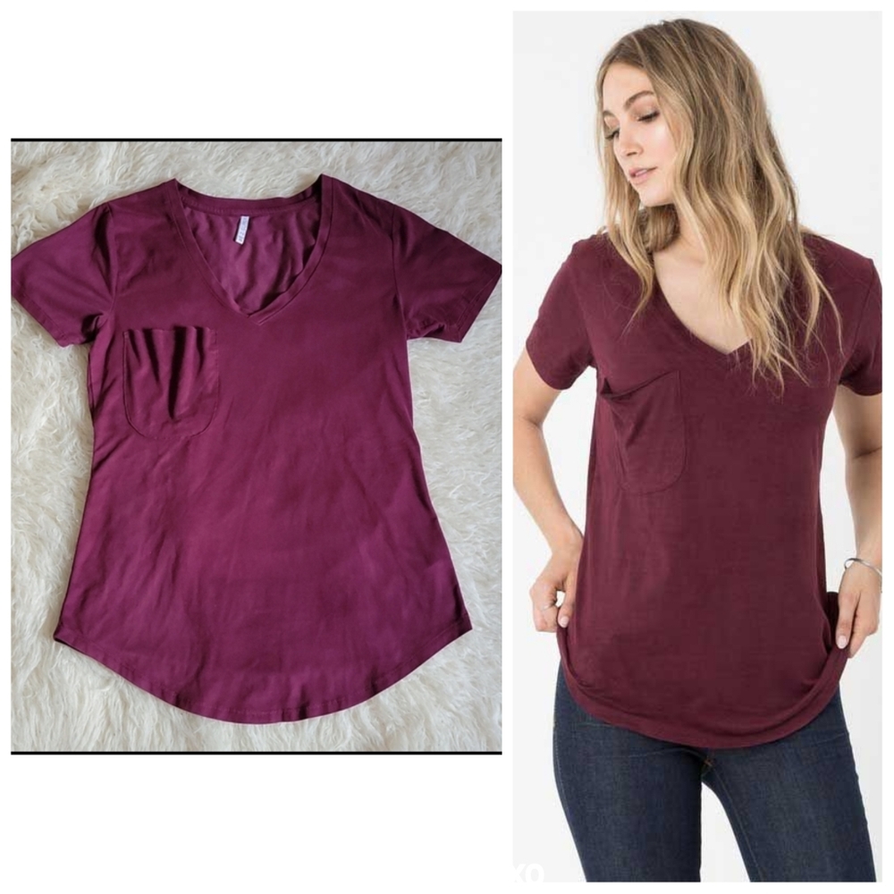 Z Supply Faux Suede Pocket Tee Burgundy Favorite V-Neck in XS